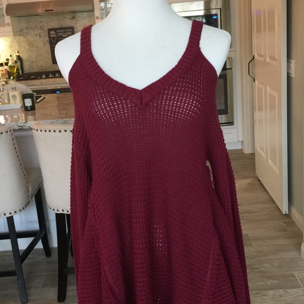 Burgundy Cold Shoulder Sweater - Picture 3 of 4